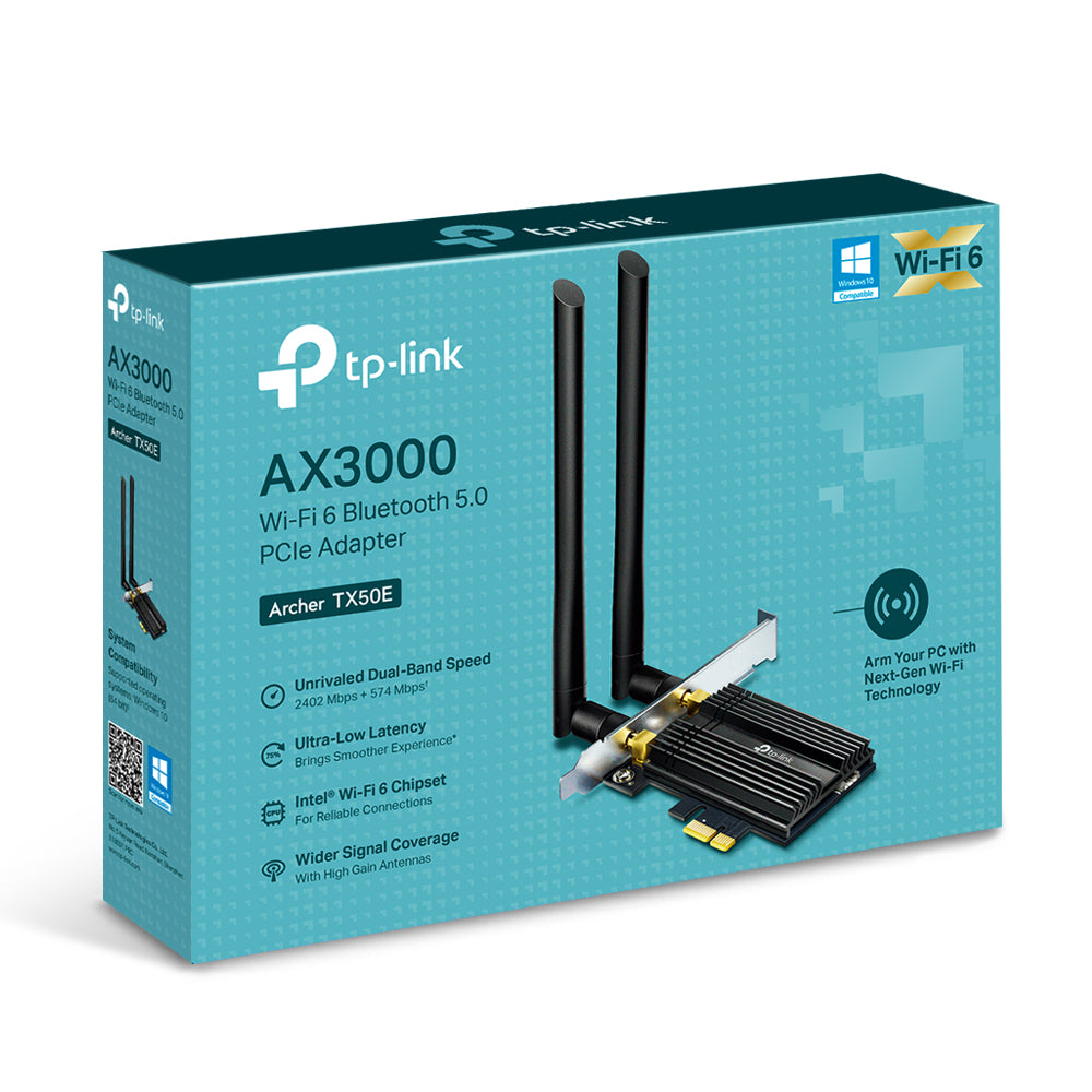 TP-Link Archer TX50E PCIe WLAN-Karte – Wi-Fi 6, 2,4/5 GHz, 574/2402 Mbit/s, Bluetooth 5.0 – Für Windows 10 x64