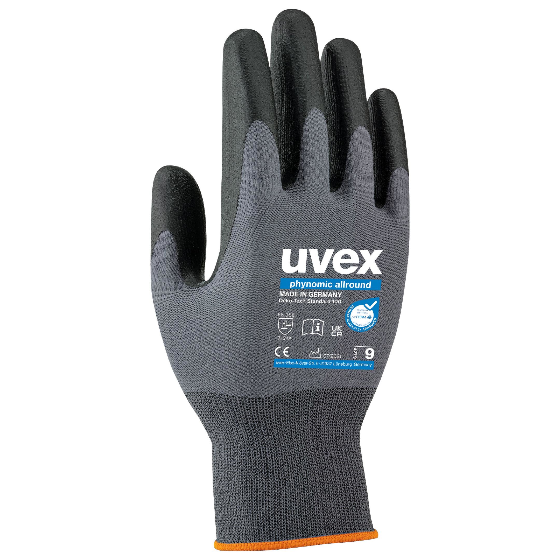 Uvex Phynomic Allround Arbeitshandschuhe – Grösse 6 – Elastan/Polyamid, Schwarz/Grau