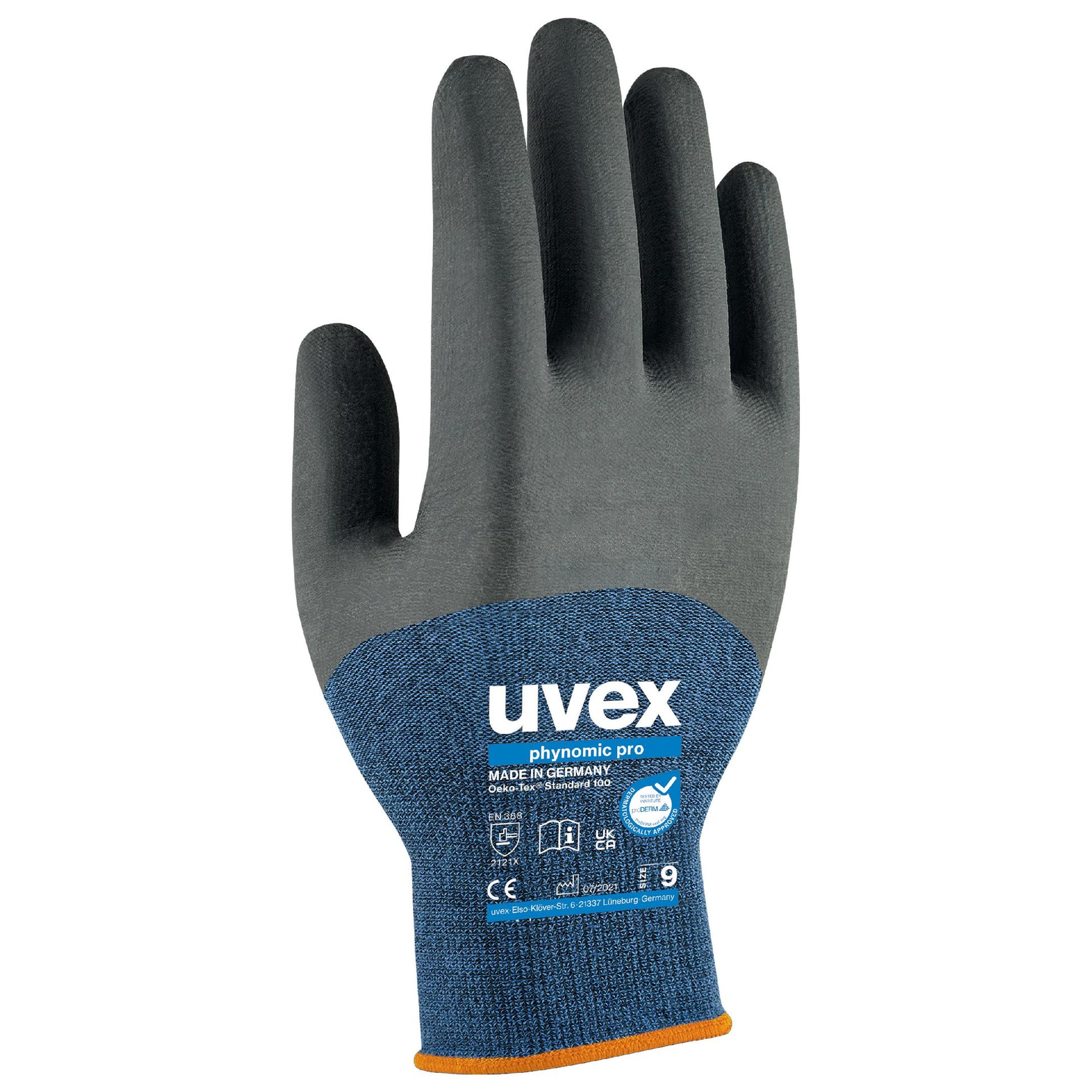 Uvex Arbeitshandschuhe Phynomic Pro – Grösse 10, 1 Stück – Elastan, Viskose, Polyamid, Blau/Anthrazit