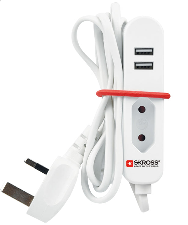 Skross Steckdosenleiste Travel Station – 1× EU-Dose, UK-Stecker, 2× USB 2,1 A, 1,5 m Kabel – Weiss
