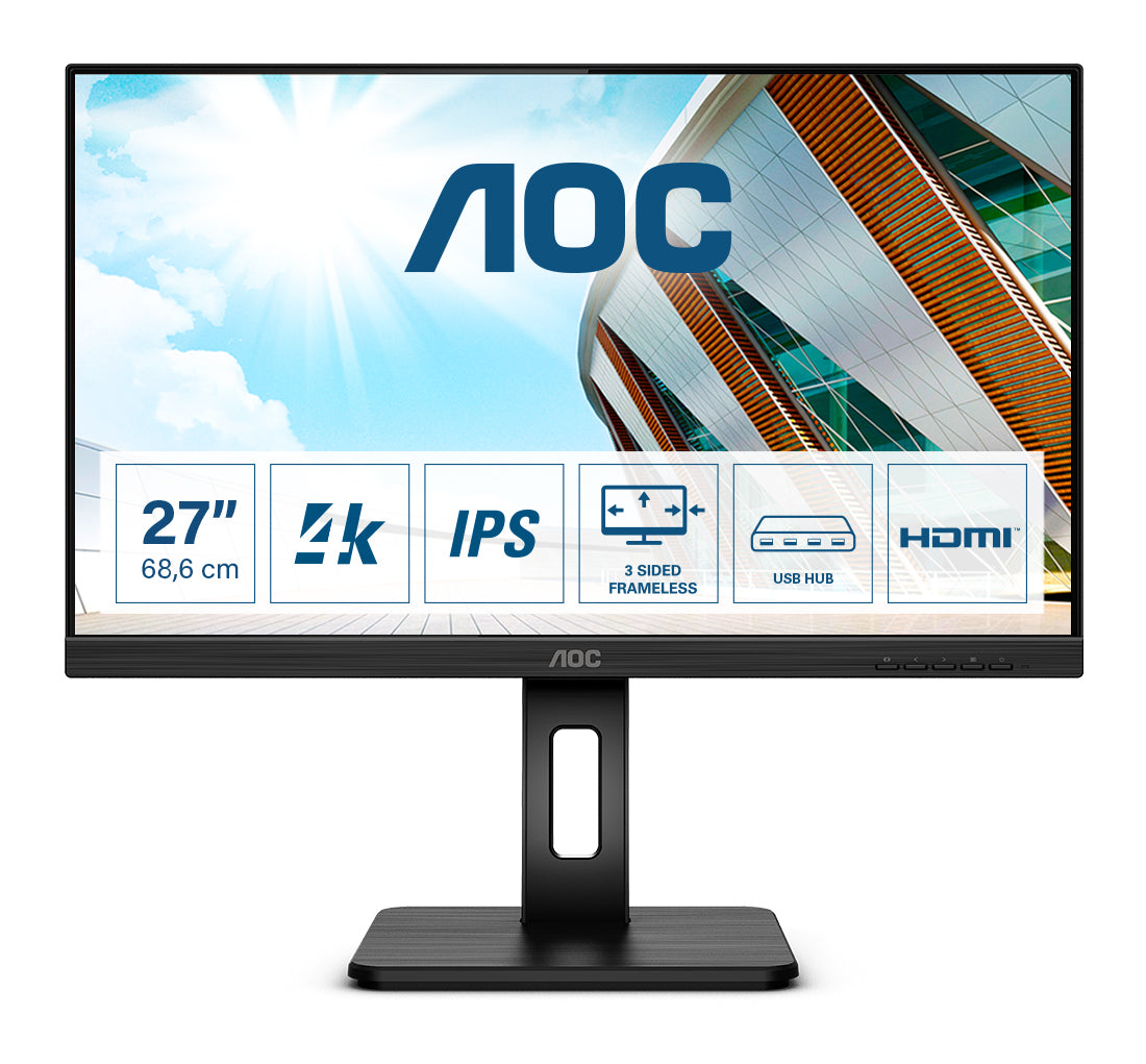 AOC U27P2 – Monitor, 27", 3840 × 2160 (UHD 4K), IPS, 60 Hz, 350 cd/m², VESA 100 × 100, Schwarz