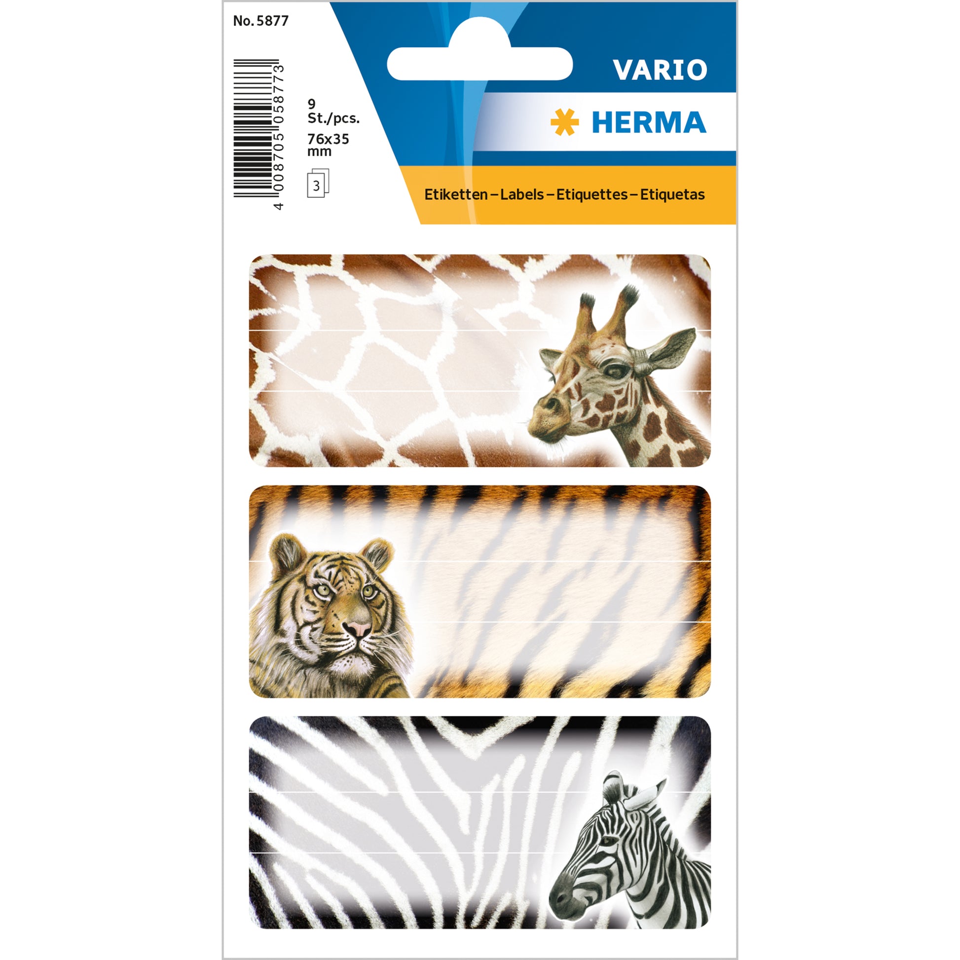 HERMA Vario Schuletiketten – Motiv Safari – 35×76 mm, Abgerundete Ecken, 9 Stück, 3 Bögen
