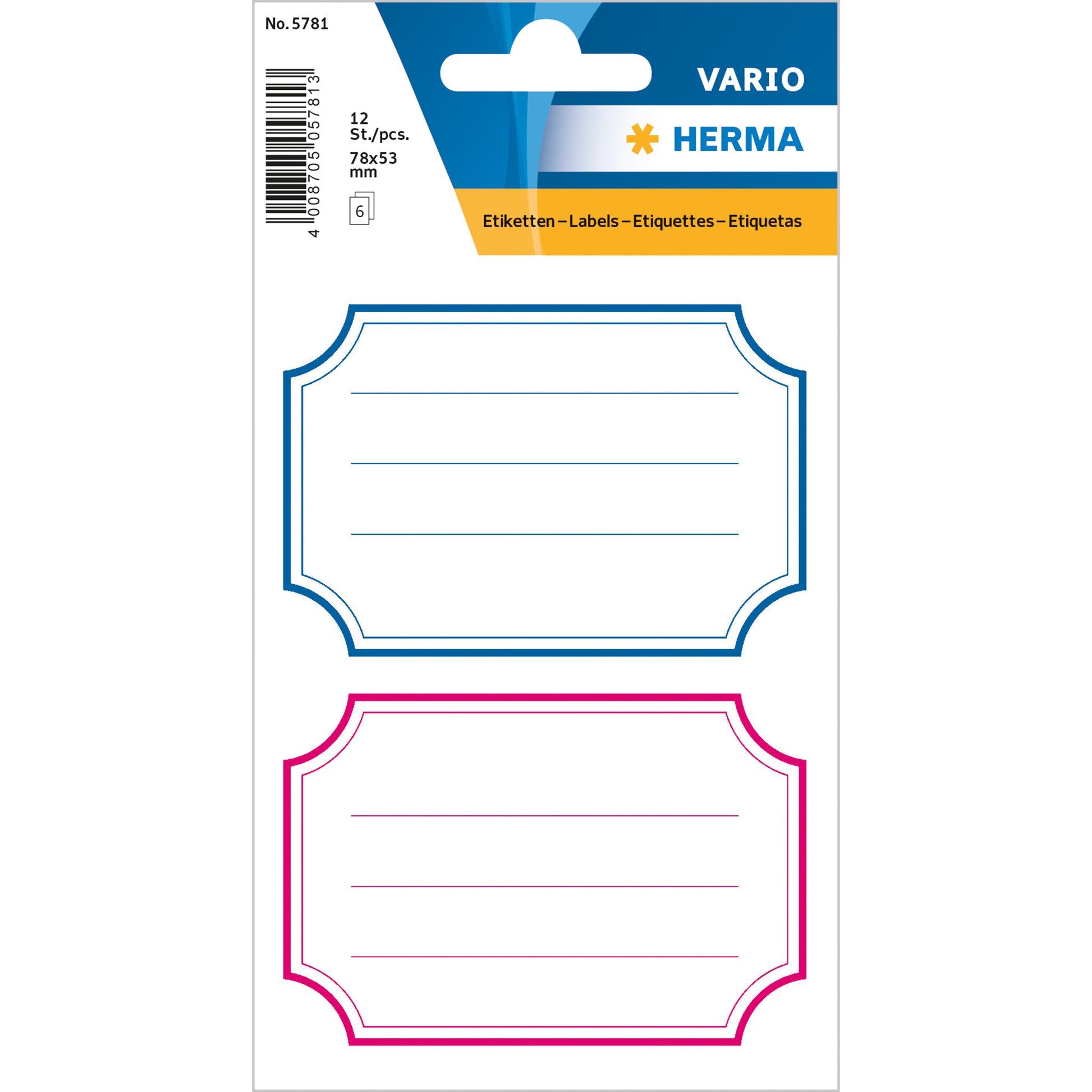 HERMA Vario Schuletiketten – Motiv Rahmen Rot und Blau – 53×78 mm, 12 Stk, 6 Bogen