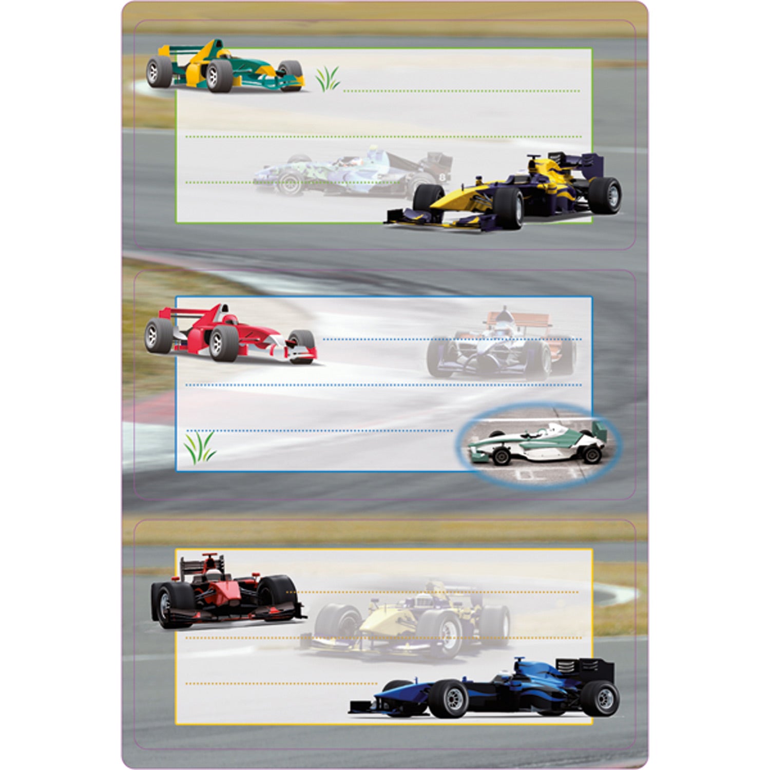HERMA Vario Schuletiketten – Motiv Rennauto – 35 × 76 mm, Abgerundete Ecken, 6 Stück, 2 Bögen, Papier