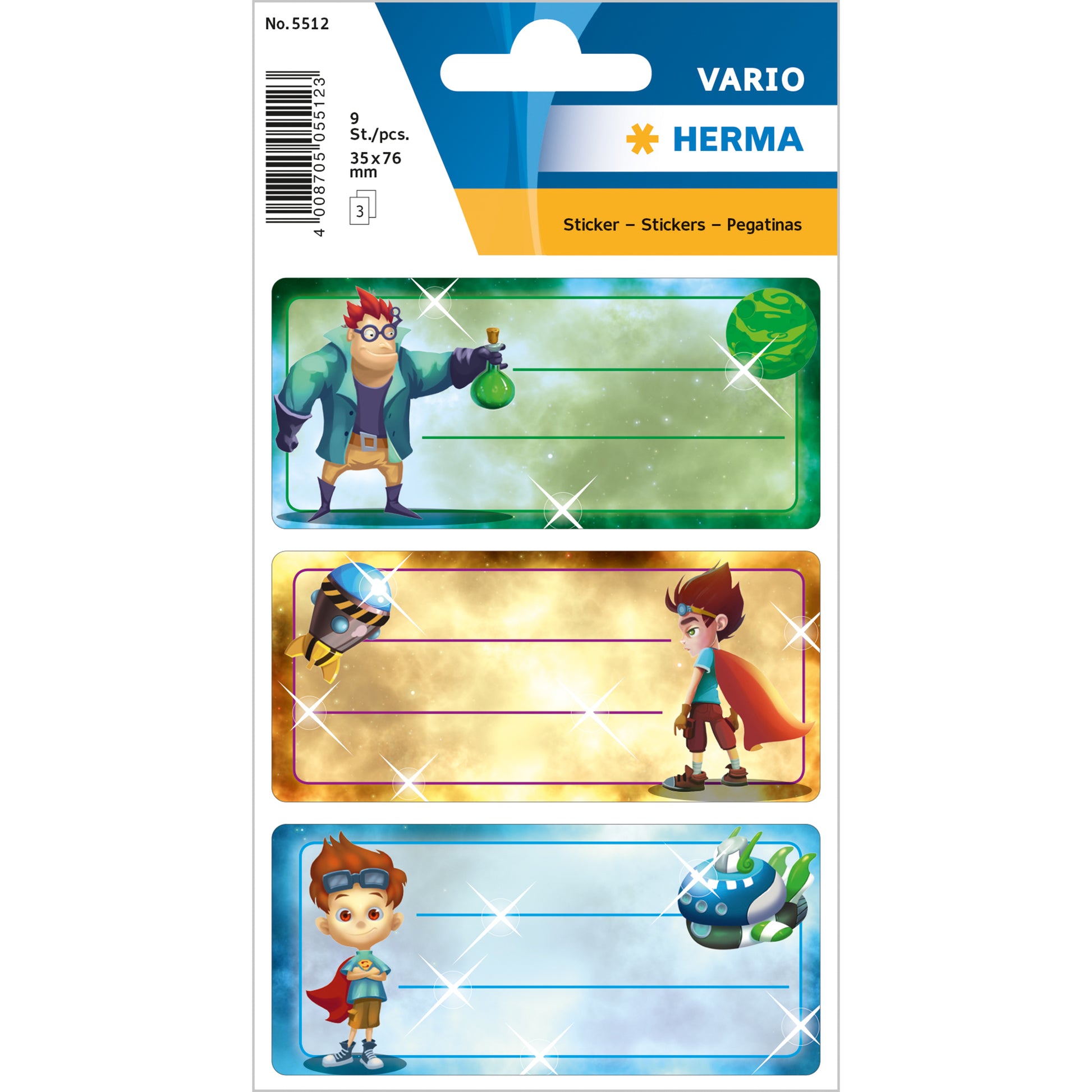 HERMA Vario Schuletiketten – Motiv Superhelden – 35×76 mm, Abgerundete Ecken, 9 Stück, 3 Bögen, Papier