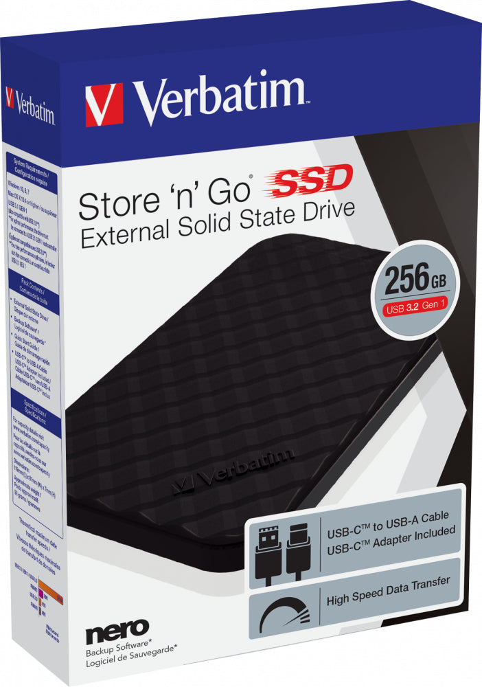 Verbatim Store 'n' Go Externes SSD-Laufwerk – 256 GB, USB 3.2, Schwarz