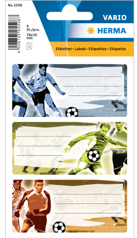 HERMA Vario Schuletiketten – Motiv Football – 35 × 76 mm, Abgerundete Ecken, 9 Stück, 3 Bögen