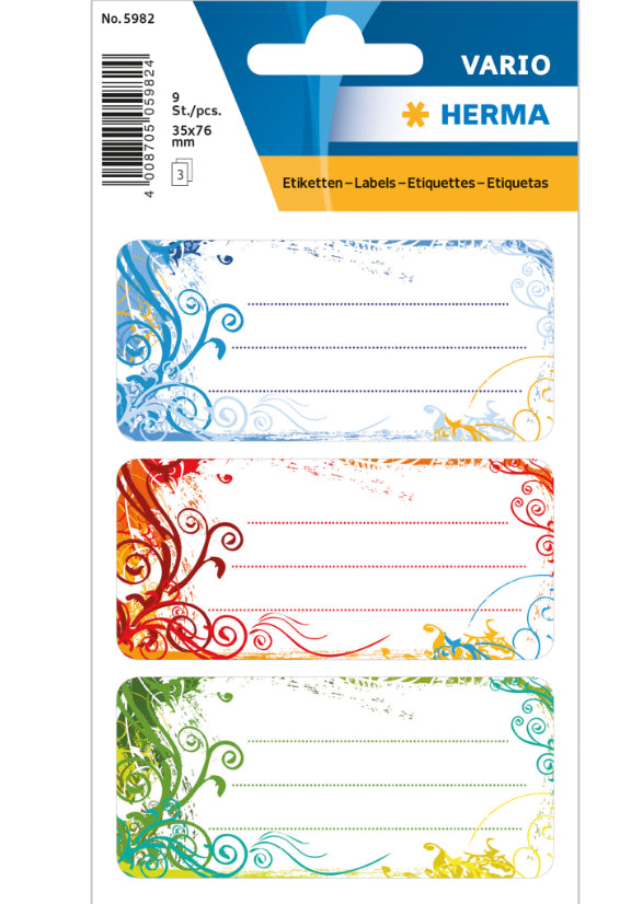 HERMA Vario Schuletiketten – Motiv Spirit – 35 × 76 mm, Abgerundete Ecken, 9 Stück, 3 Bögen