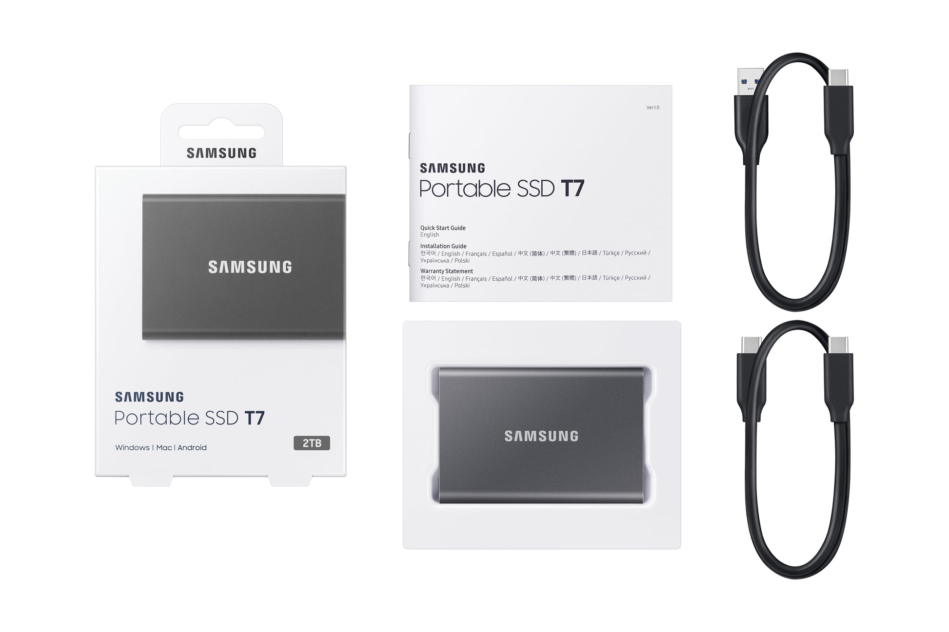 Samsung T7 Portable SSD – 2 TB, USB Typ-C (USB 3.2 Gen 2), Hardwareverschlüsselung (256-bit AES)