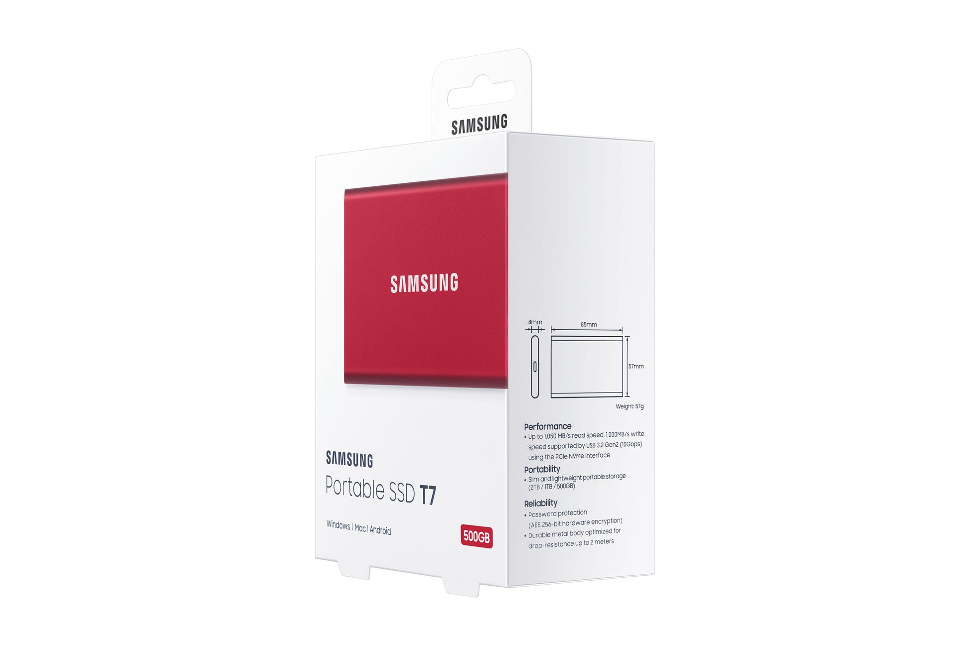 Samsung Portable SSD T7 – 500 GB, USB-C 3.2 Gen 2, 1'050 MB/s Lesen, 1'000 MB/s Schreiben, Rot