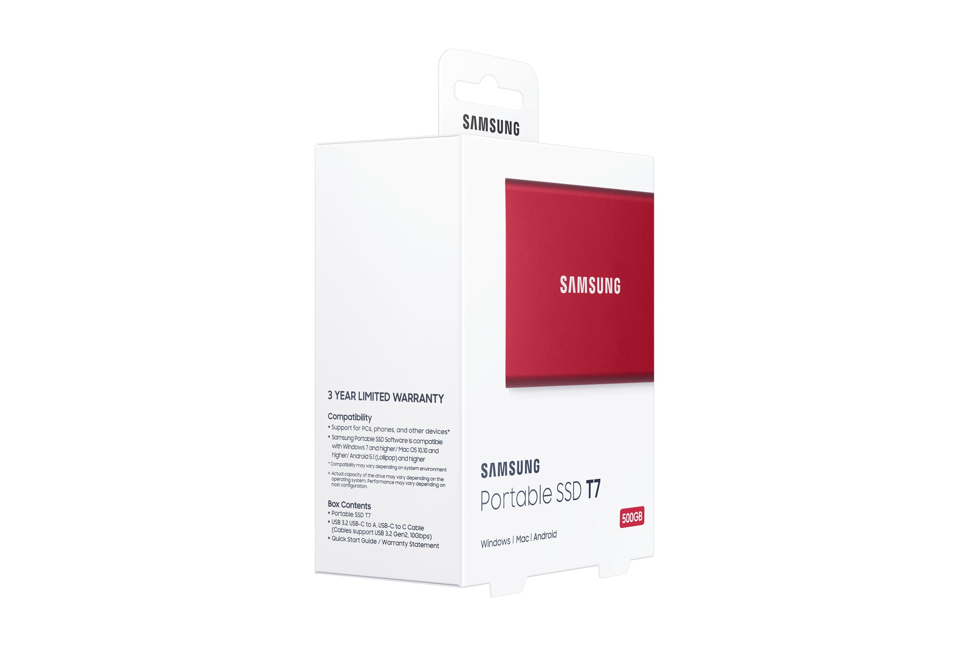 Samsung Portable SSD T7 – 500 GB, USB-C 3.2 Gen 2, 1'050 MB/s Lesen, 1'000 MB/s Schreiben, Rot