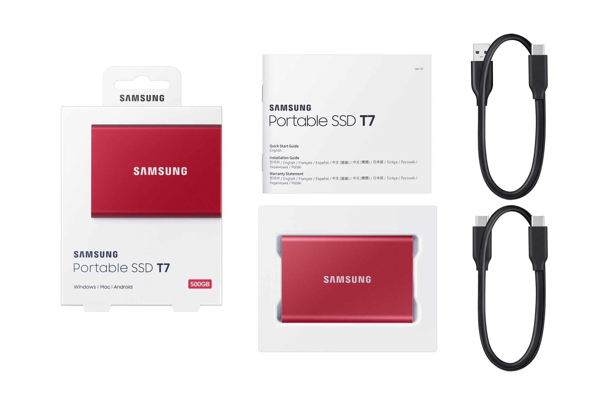 Samsung Portable SSD T7 – 500 GB, USB-C 3.2 Gen 2, 1'050 MB/s Lesen, 1'000 MB/s Schreiben, Rot