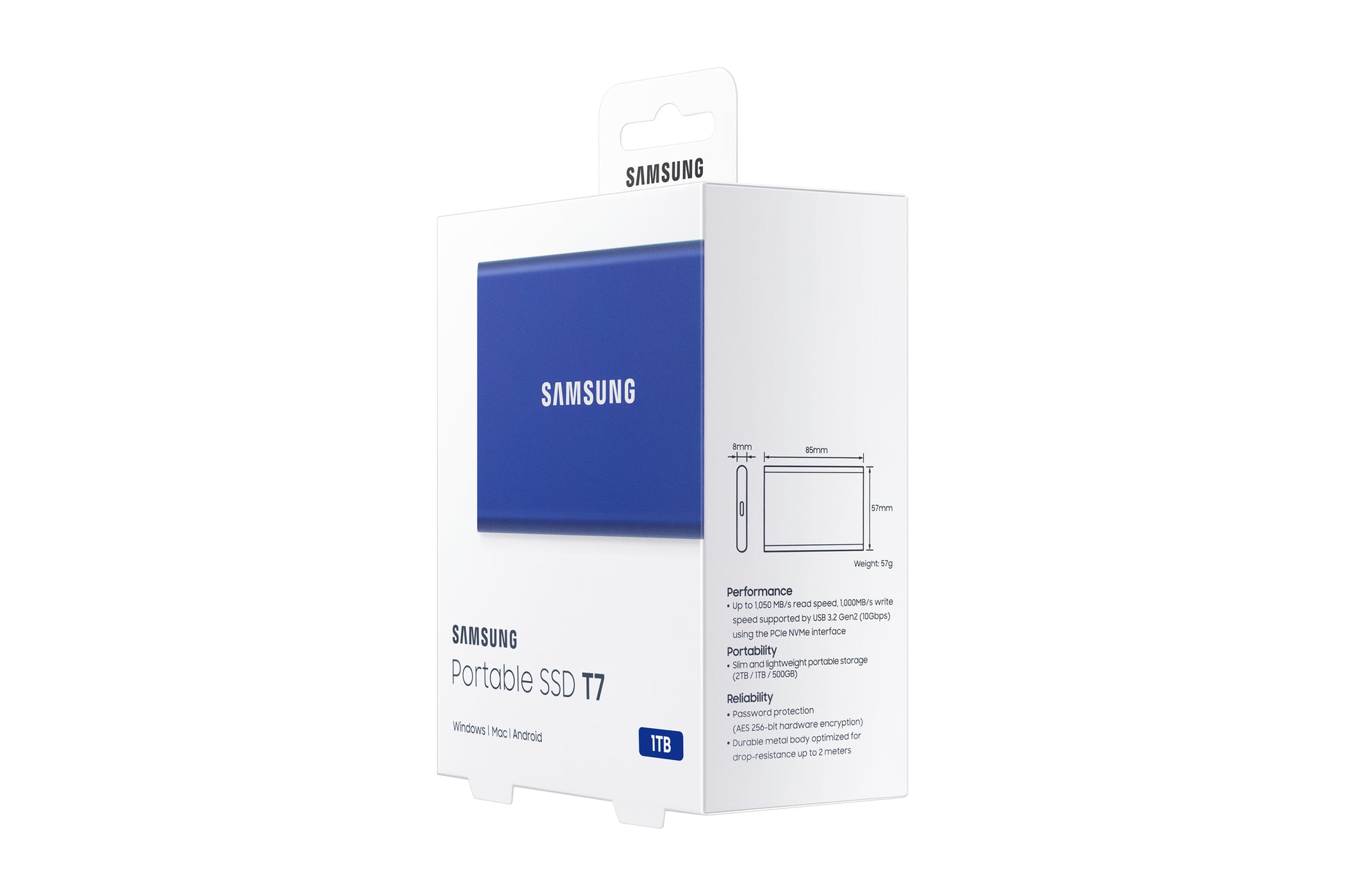 Samsung T7 Speichergerät – 1 TB, USB Typ-C (USB 3.2 Gen 2), Hardwareverschlüsselung (256-bit AES)