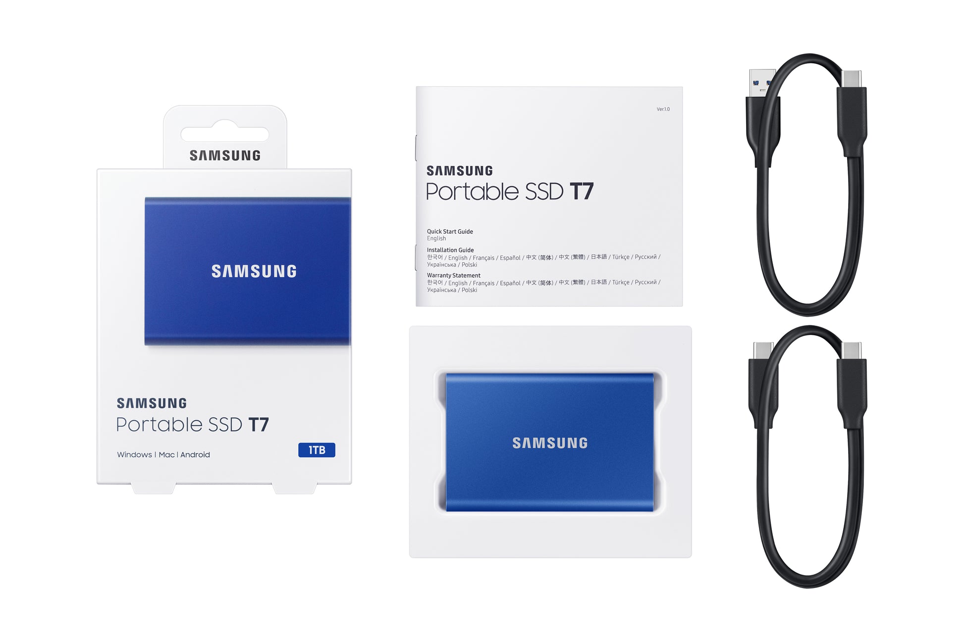 Samsung T7 Speichergerät – 1 TB, USB Typ-C (USB 3.2 Gen 2), Hardwareverschlüsselung (256-bit AES)