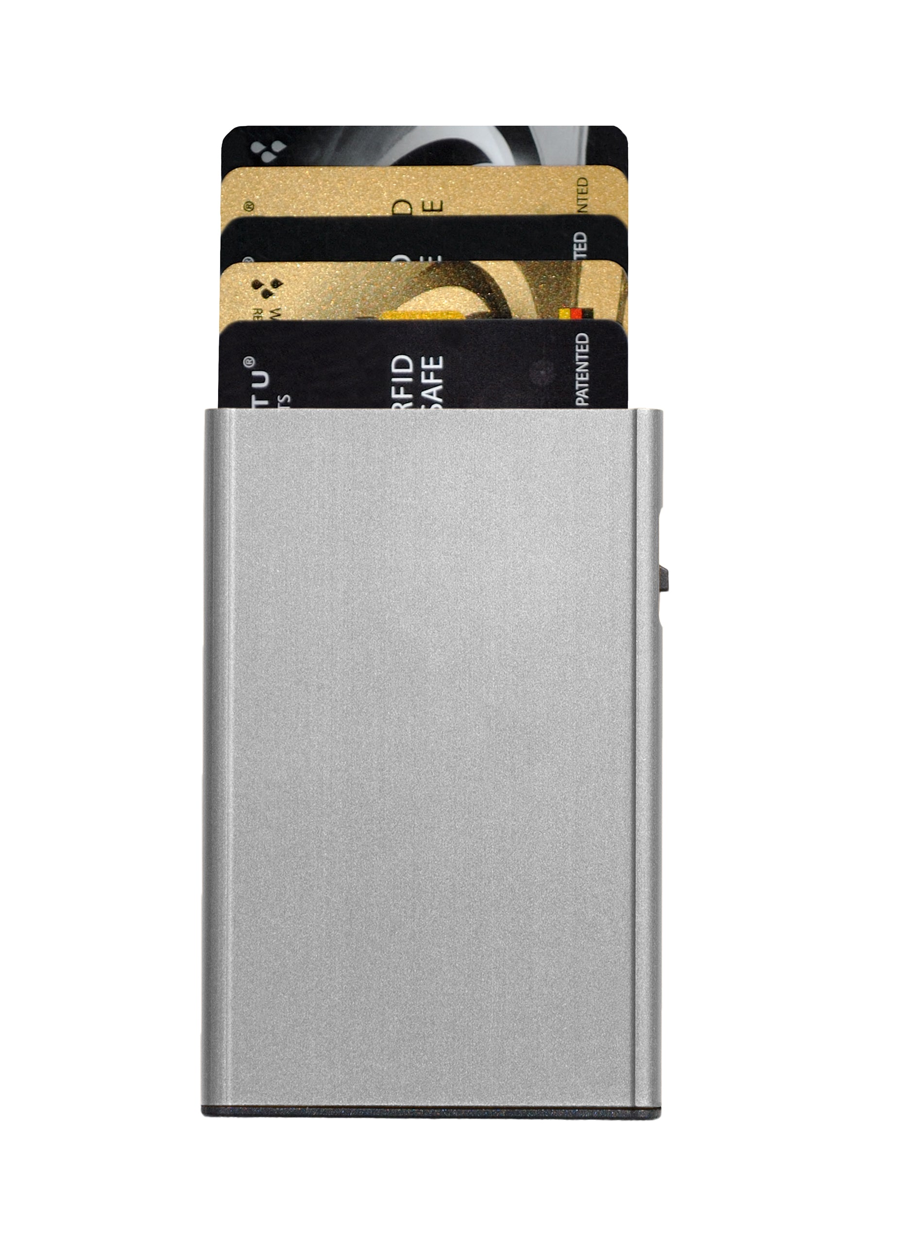 TRU VIRTU Kartenetui – RFID-Schutz, Slider-Verschluss – 5 Karten – Silber, ABS/Aluminium – Click & Slide