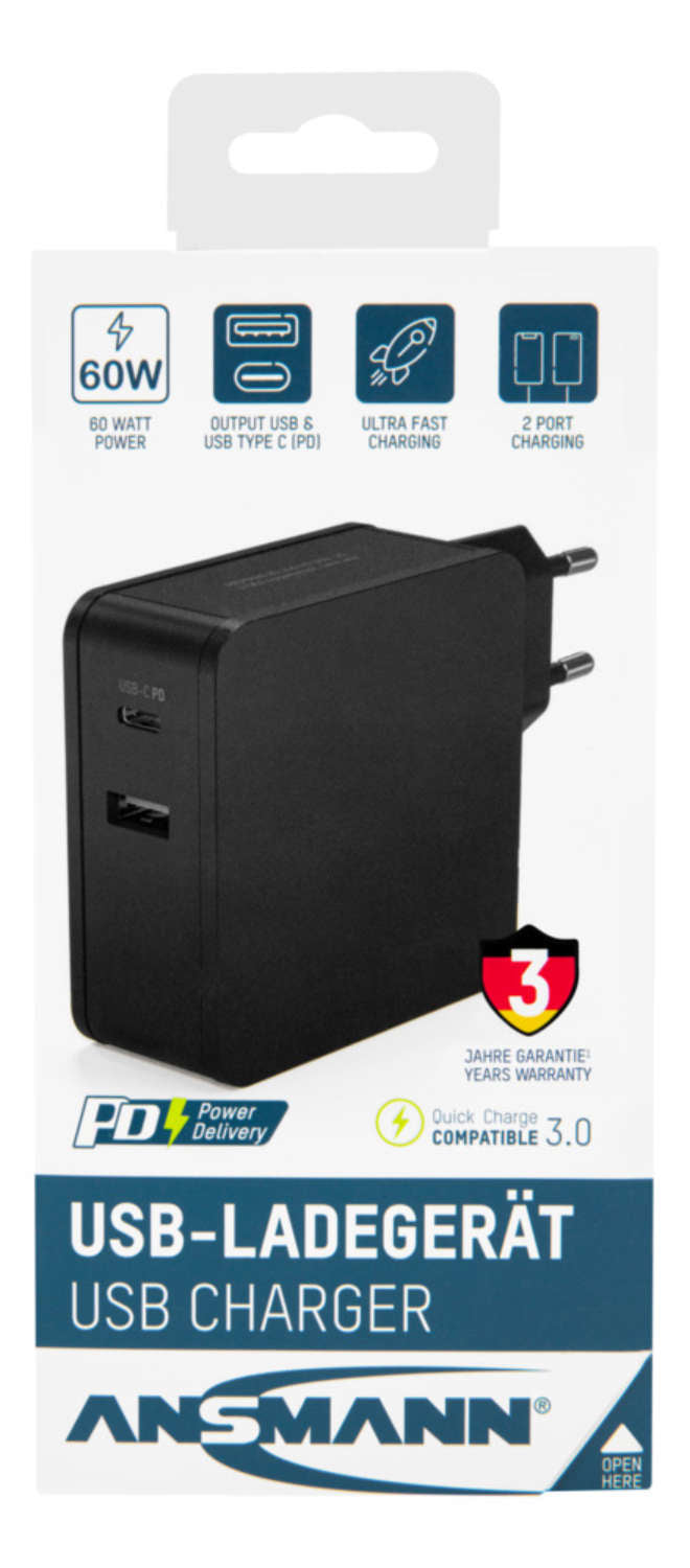 Ansmann HOME CHARGER 265PD USB-Ladegerät 60 W – USB-C×1, USB-A×1 – PD – EU-Stecker (Typ C) – Schwarz