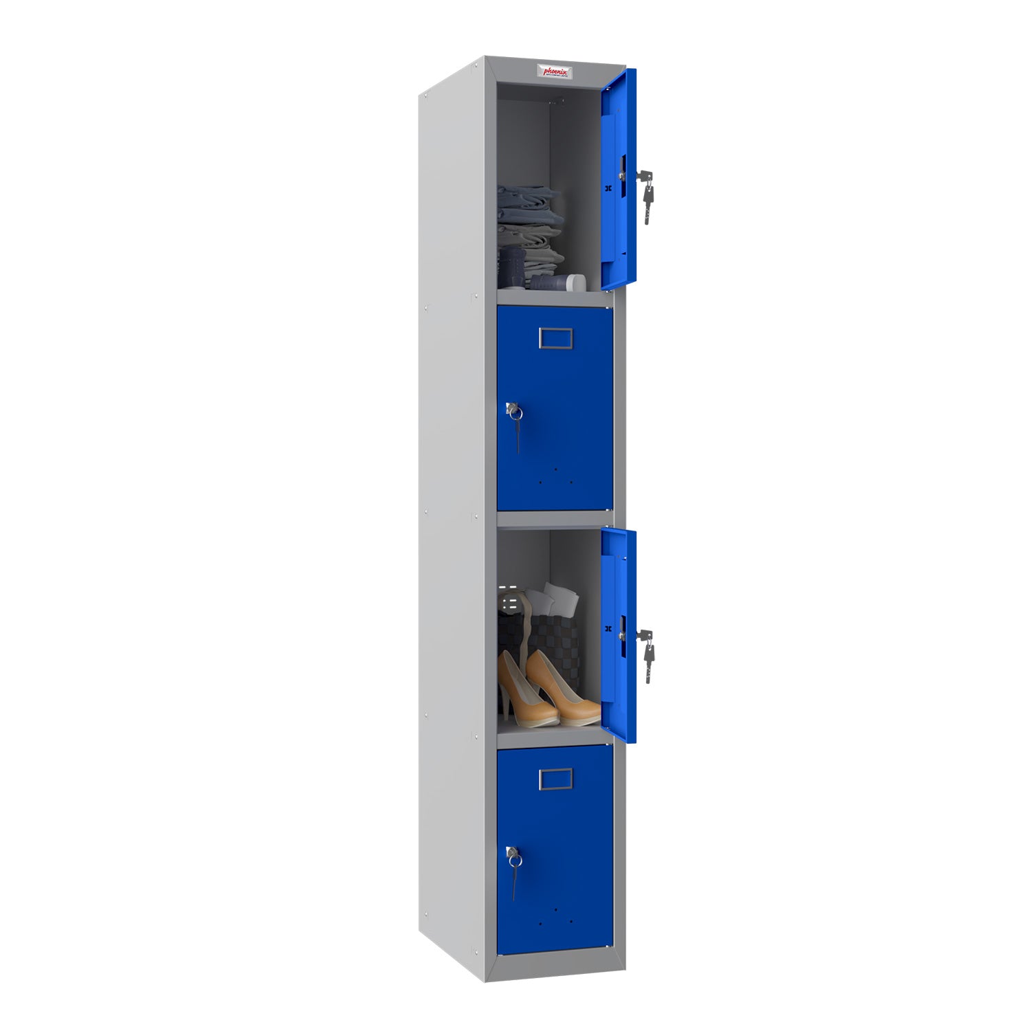Phoenix Safe Co. PL1430 – Spind, 4 Türen, 300 × 500 × 1'830 mm, Grau/Blau, Stahl
