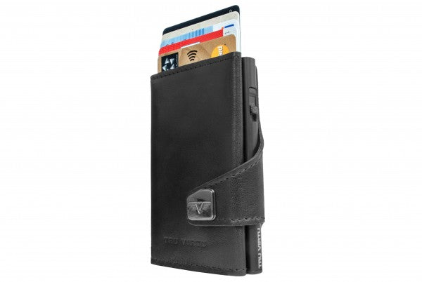 TRU VIRTU Kartenetui – RFID-Schutz, Druckknopf – 12 Karten, 99 × 21 × 67 mm – Schwarz – Aluminium/Leder