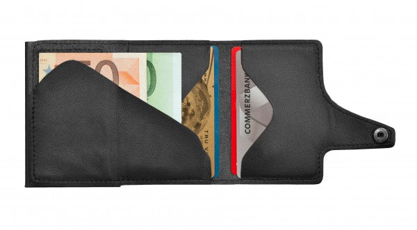 TRU VIRTU Kartenetui – RFID-Schutz, Druckknopf – 12 Karten, 99 × 21 × 67 mm – Schwarz – Aluminium/Leder