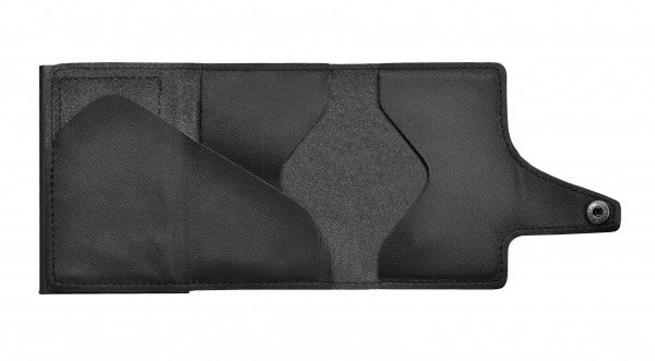 TRU VIRTU Kartenetui – RFID-Schutz, Druckknopf – 12 Karten, 99 × 21 × 67 mm – Schwarz – Aluminium/Leder