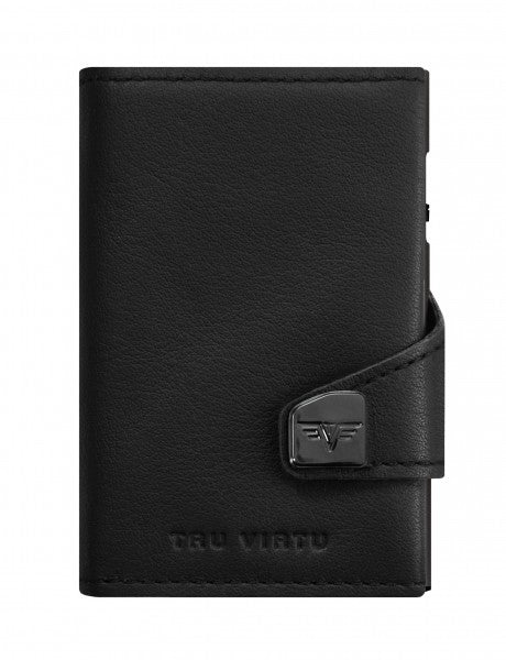 TRU VIRTU Kartenetui – RFID-Schutz, Druckknopf – 12 Karten, 99 × 21 × 67 mm – Schwarz – Aluminium/Leder