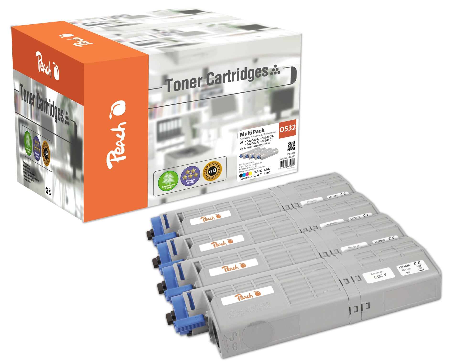 Peach Toner-Multipack 46490401-4 – BK/C/M/Y, 1500 Seiten – für OKI C532DN/C542DN/MC563DN und andere