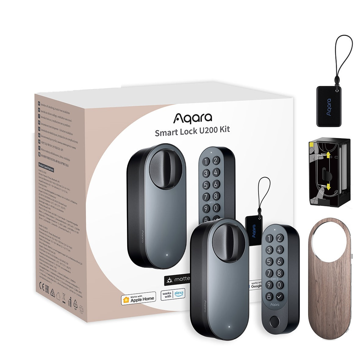 Aqara U200 Smart-Türschloss – BT, Code, Schlüssel, RFID, Fernbedienung, Akku, IPX5, Schwarz