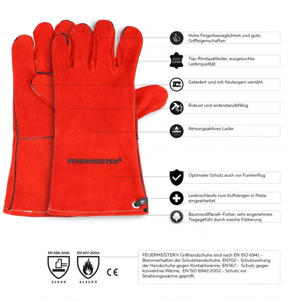 Feuermeister Arbeitshandschuhe – Grösse 8 – Spaltleder – Rot, Länge 30 cm, für Grill