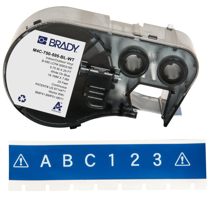 Brady M4C-750-595-BL-WT Vinyl-Industrieband – weiss auf blau – 19 mm, Vinyl, glänzend – für Brady BMP41/51/53