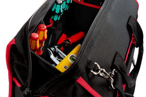 Parat Werkzeugtasche – Schultergurt, 30 Fächer, abschliessbar, Schwarz/Rot, Nylon, B 465 × H 350 × T 270 mm
