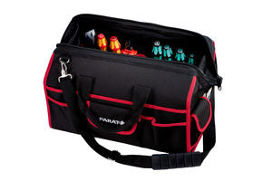Parat Werkzeugtasche – Schultergurt, 30 Fächer, abschliessbar, Schwarz/Rot, Nylon, B 465 × H 350 × T 270 mm