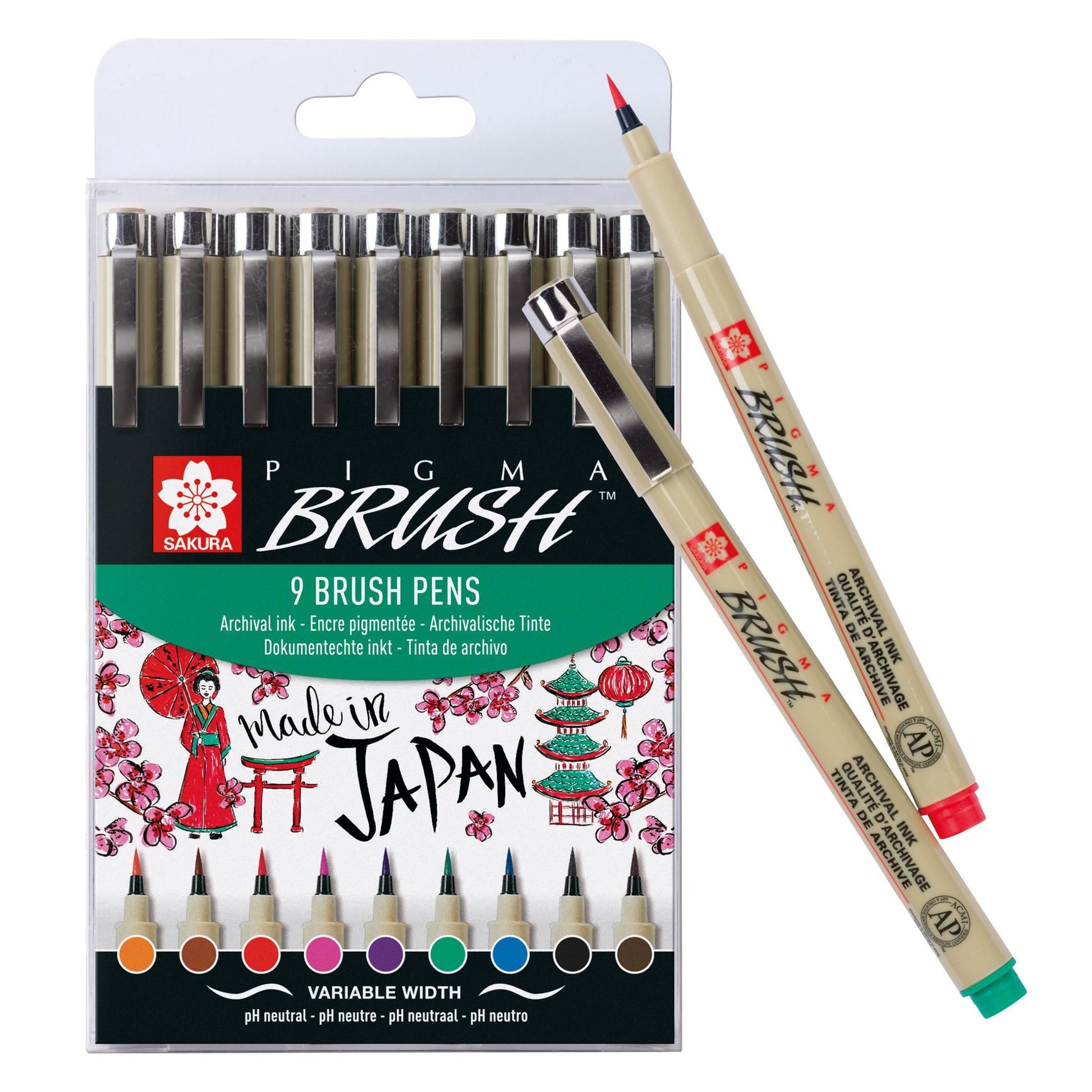 Sakura Pigma Pinselstift – Pinselspitze, 9 Farben