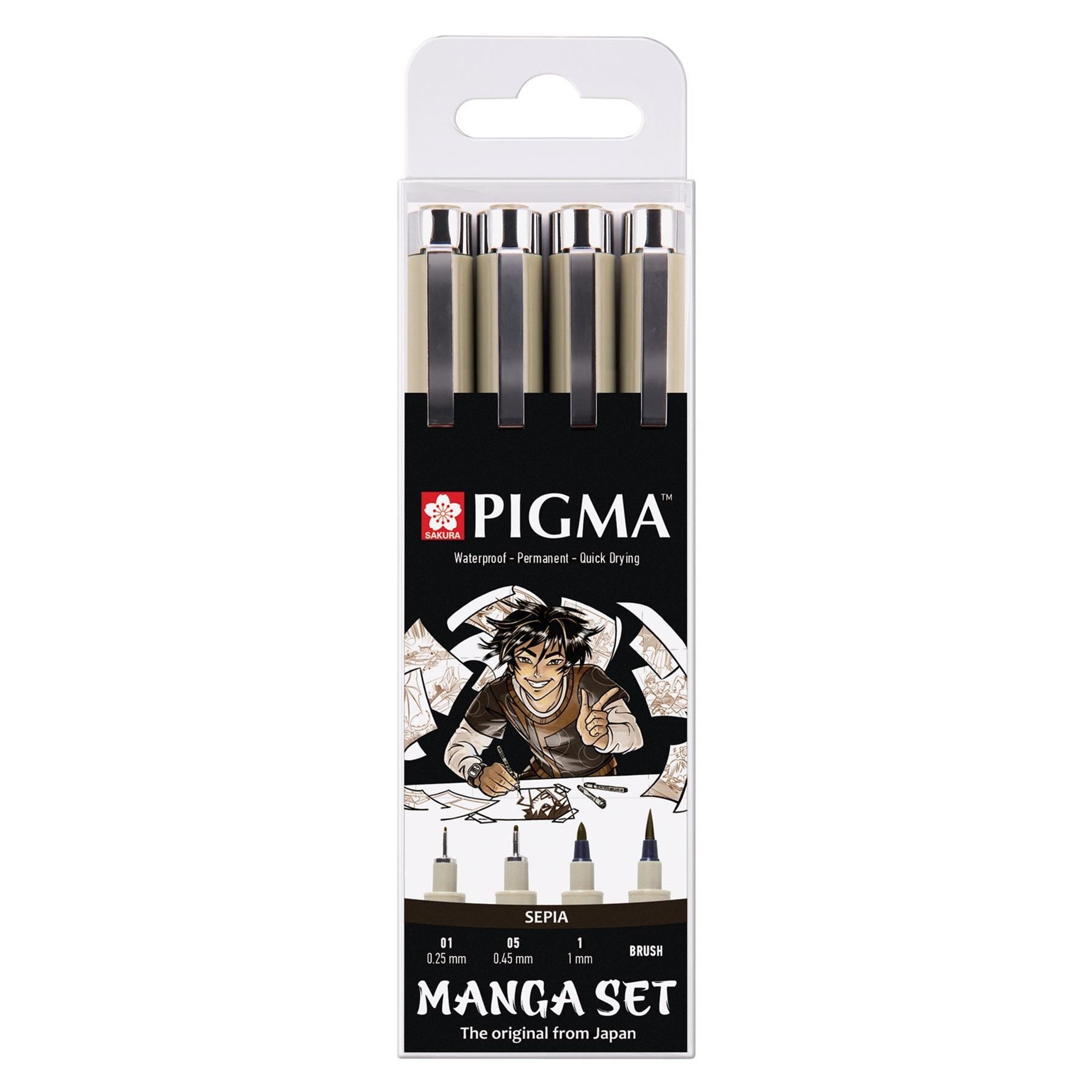 Sakura Pigma Manga Fineliner Set – 4 Stk., fein, Sepia, wasserfest