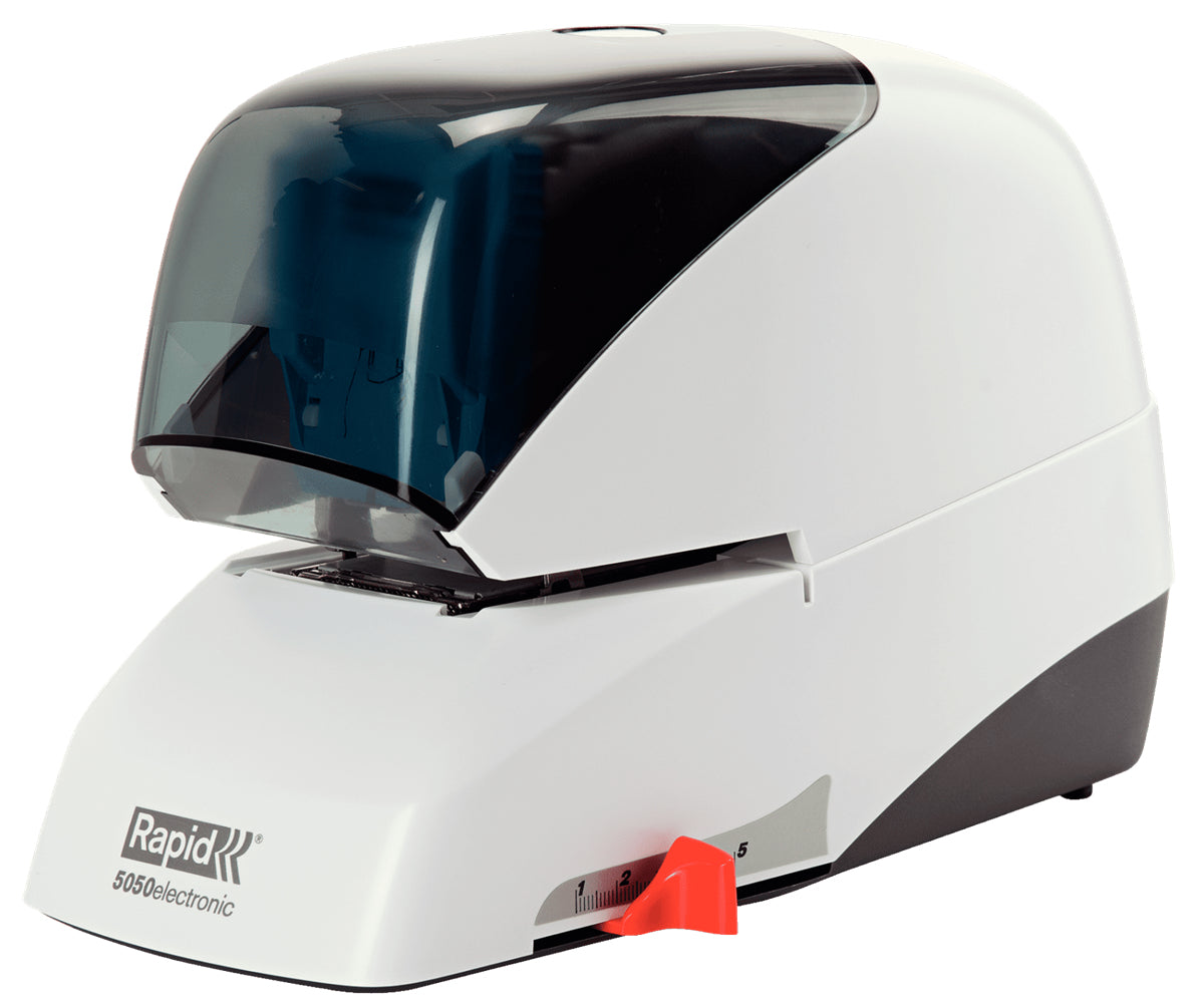 Rapid 5050e – Elektrischer Hefter, Flat-Clinch, verstellbarer Papieranschlag, Einlegetiefe 50 mm, Weiss