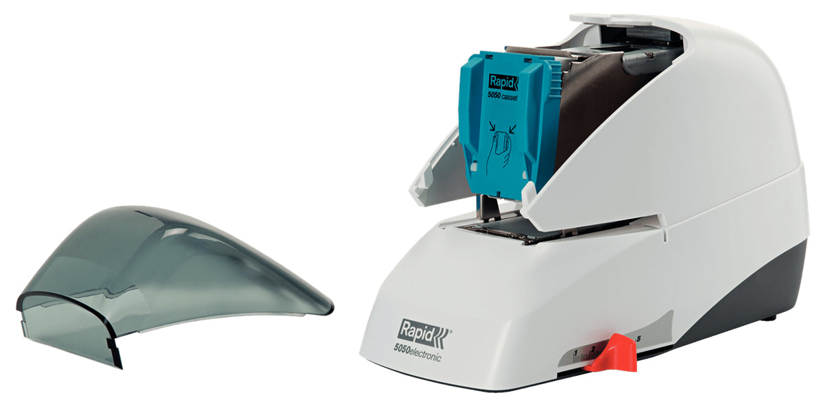 Rapid 5050e – Elektrischer Hefter, Flat-Clinch, verstellbarer Papieranschlag, Einlegetiefe 50 mm, Weiss