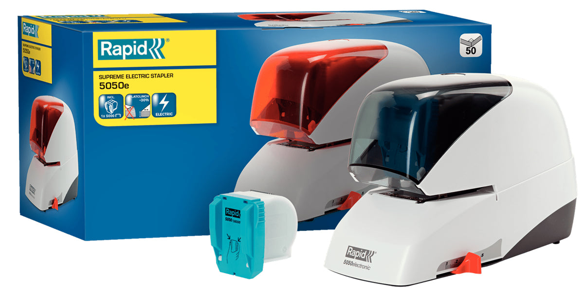 Rapid 5050e – Elektrischer Hefter, Flat-Clinch, verstellbarer Papieranschlag, Einlegetiefe 50 mm, Weiss