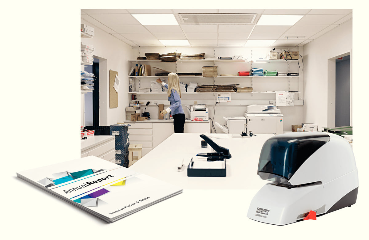 Rapid 5050e – Elektrischer Hefter, Flat-Clinch, verstellbarer Papieranschlag, Einlegetiefe 50 mm, Weiss