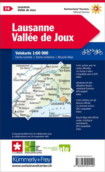 Hallwag Kümmerly+Frey Velokarte Lausanne-Vallée Joux – 1:60'000 – Schweiz, mehrfarbig, wasser- und reissfest