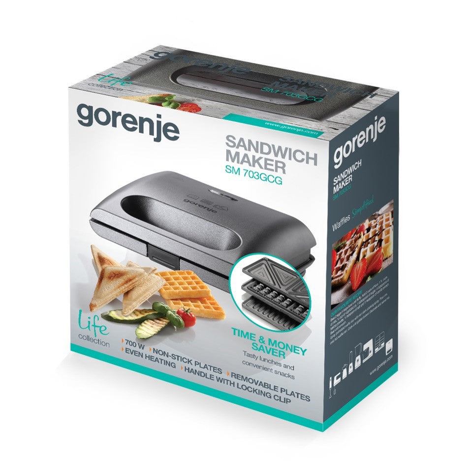 Gorenje Sandwichmaker SM703GCG – 700 W, Abnehmbare Platten & Antihaftbeschichtung – Silber