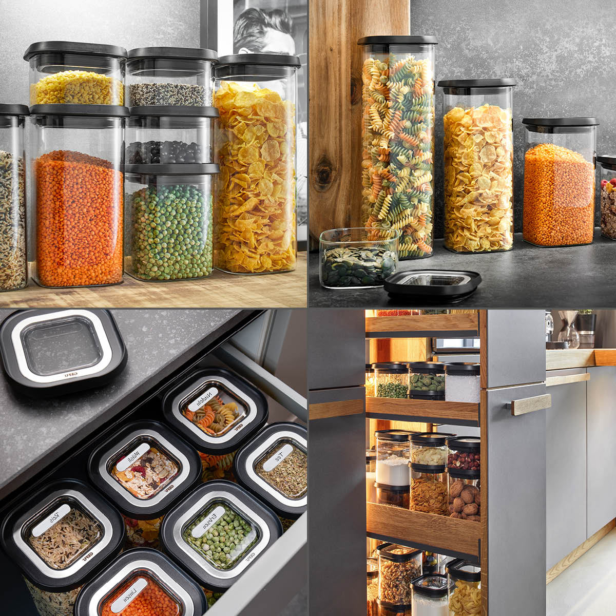 GEFU PANTRY – Vorratsdose 1,9 l, 11 × 11 × 26 cm, Glas (Borosilikat)/Kunststoff, transparent/schwarz