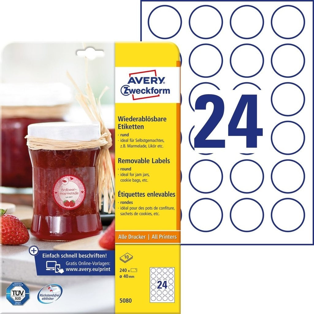 Avery Druckeretiketten, Ø 40 mm, weiss, Papier, wiederablösbar, 10 Blatt (240 Etiketten)