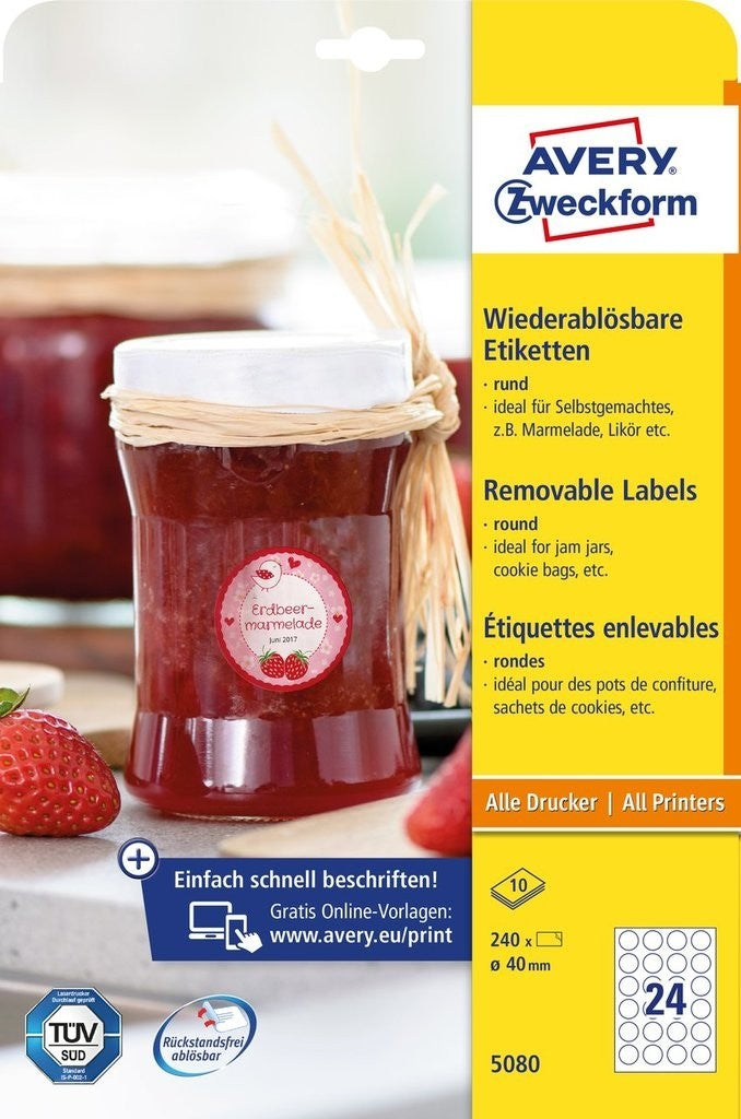 Avery Druckeretiketten, Ø 40 mm, weiss, Papier, wiederablösbar, 10 Blatt (240 Etiketten)