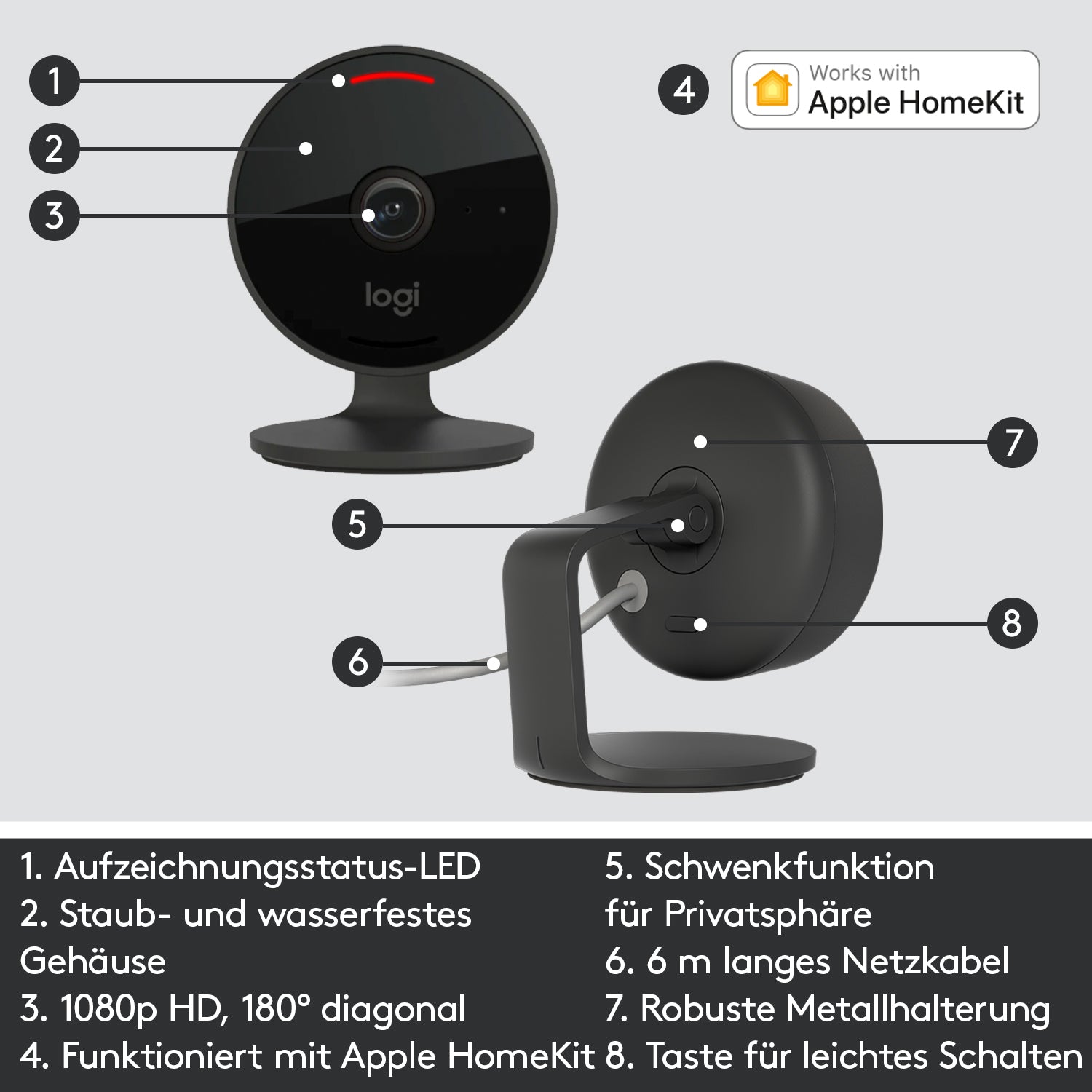 Logitech Circle View Sicherheitskamera – 1080p, Reichweite 5 m, IP64, Graphit
