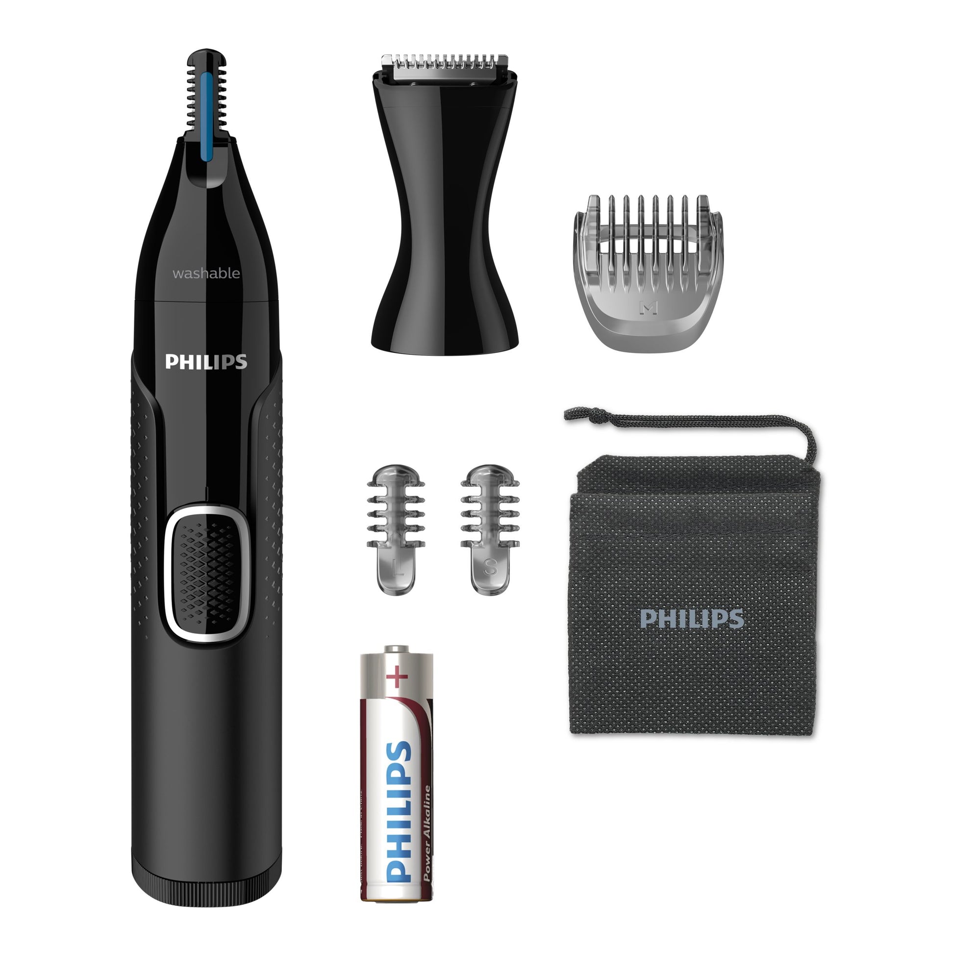 Philips Nasen- & Ohrenhaartrimmer NT5650/16 – 3 Kammaufsätze, batteriebetrieben – schwarz, Edelstahlmesser