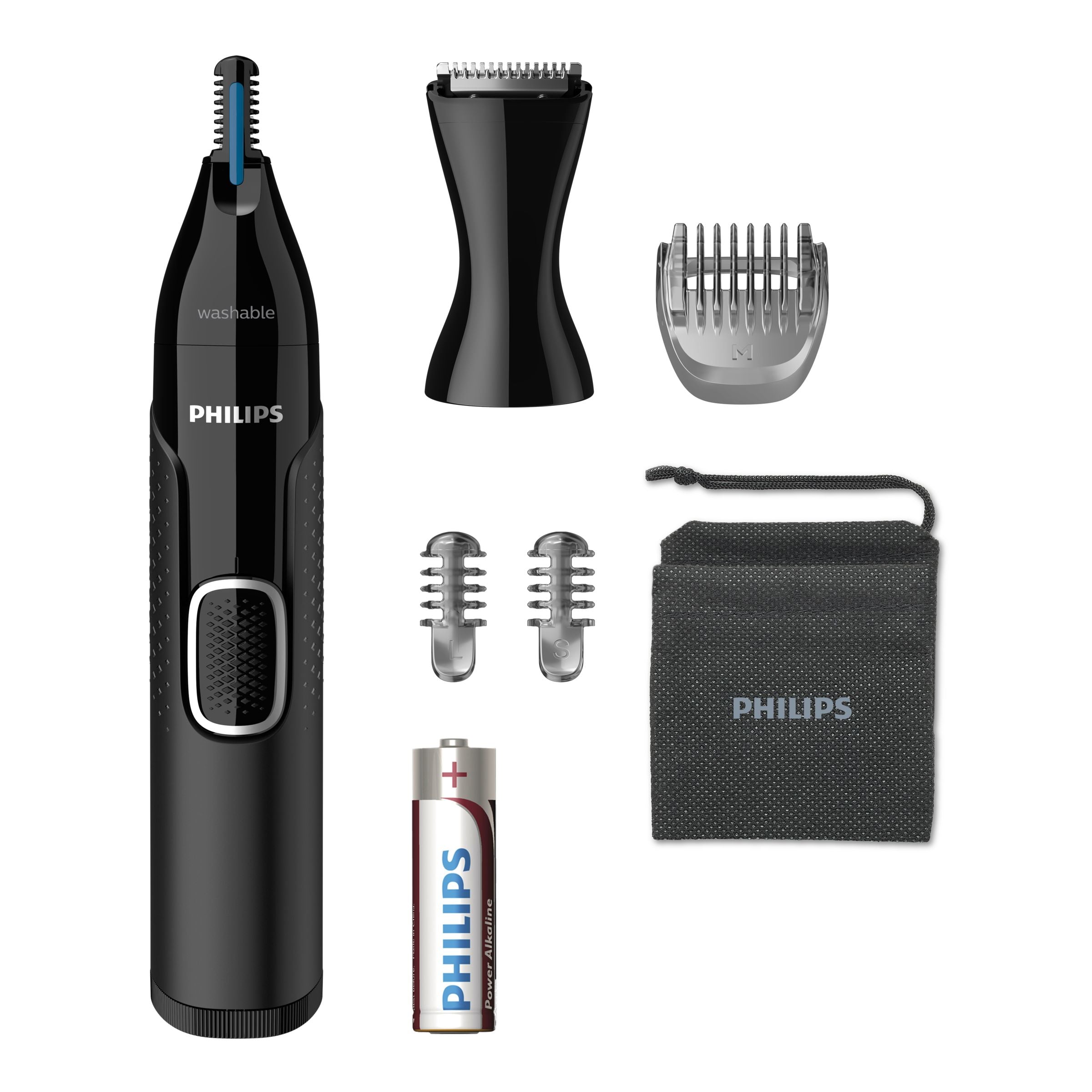 Philips Nasen- & Ohrenhaartrimmer NT5650/16 – 3 Kammaufsätze, batteriebetrieben – schwarz, Edelstahlmesser