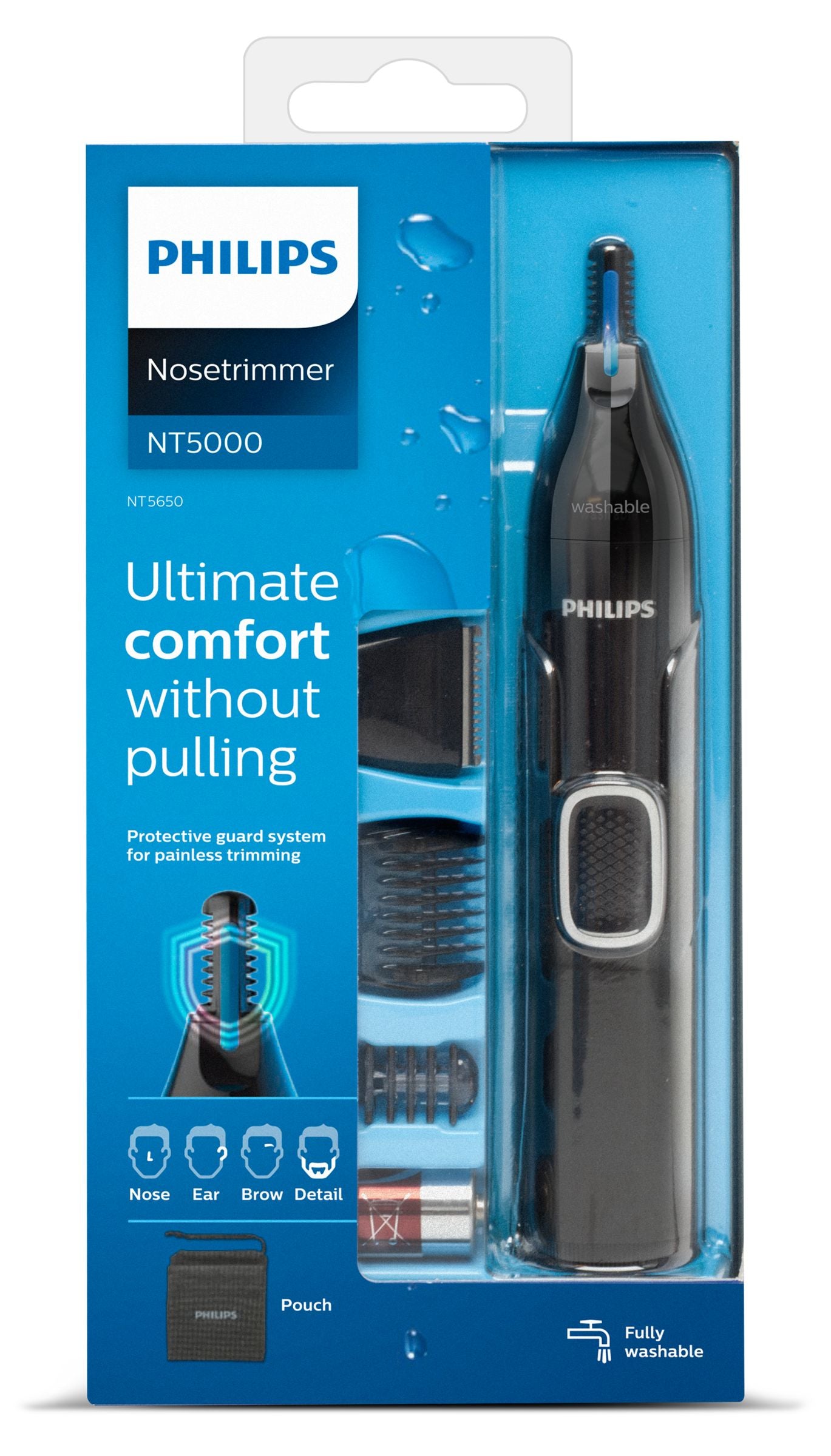 Philips Nasen- & Ohrenhaartrimmer NT5650/16 – 3 Kammaufsätze, batteriebetrieben – schwarz, Edelstahlmesser