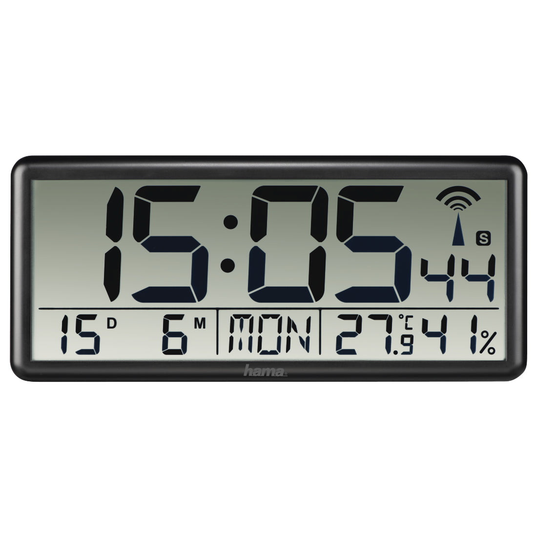 Hama Jumbo Wanduhr – Digital, Funk, Thermometer & Hygrometer, 36 × 16 × 3 cm, Schwarz, Kunststoff