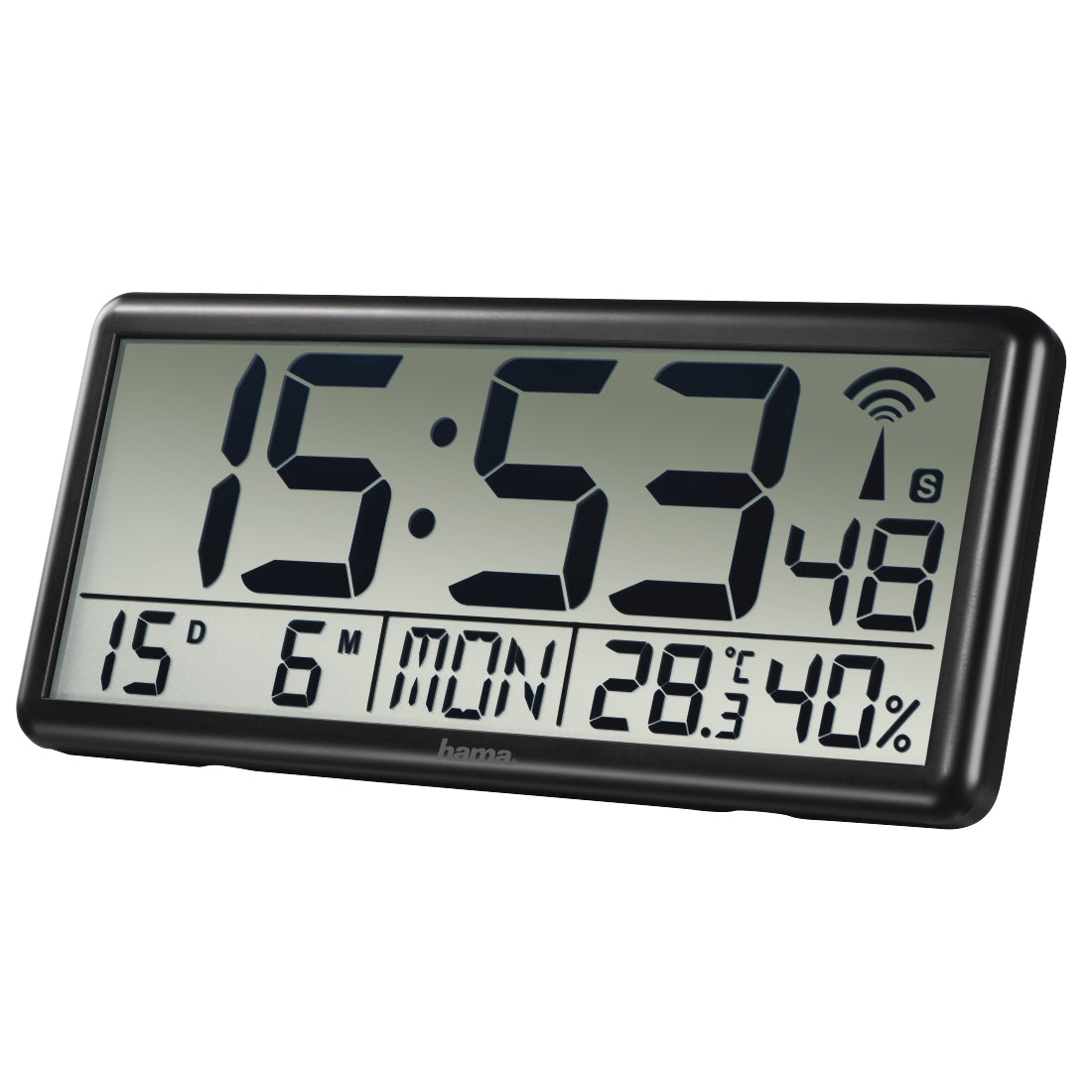 Hama Jumbo Wanduhr – Digital, Funk, Thermometer & Hygrometer, 36 × 16 × 3 cm, Schwarz, Kunststoff