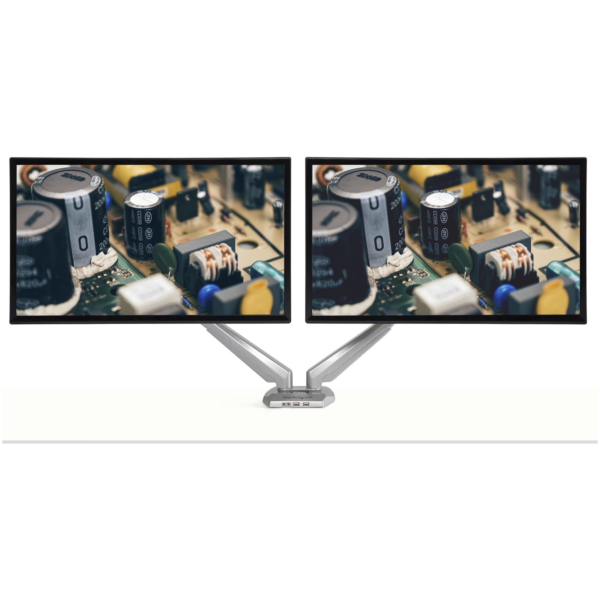 StarTech.com Monitorarm, Dual, Tischklemme, integrierter 2-Port-USB-Hub, 3,5-mm-Audioanschluss