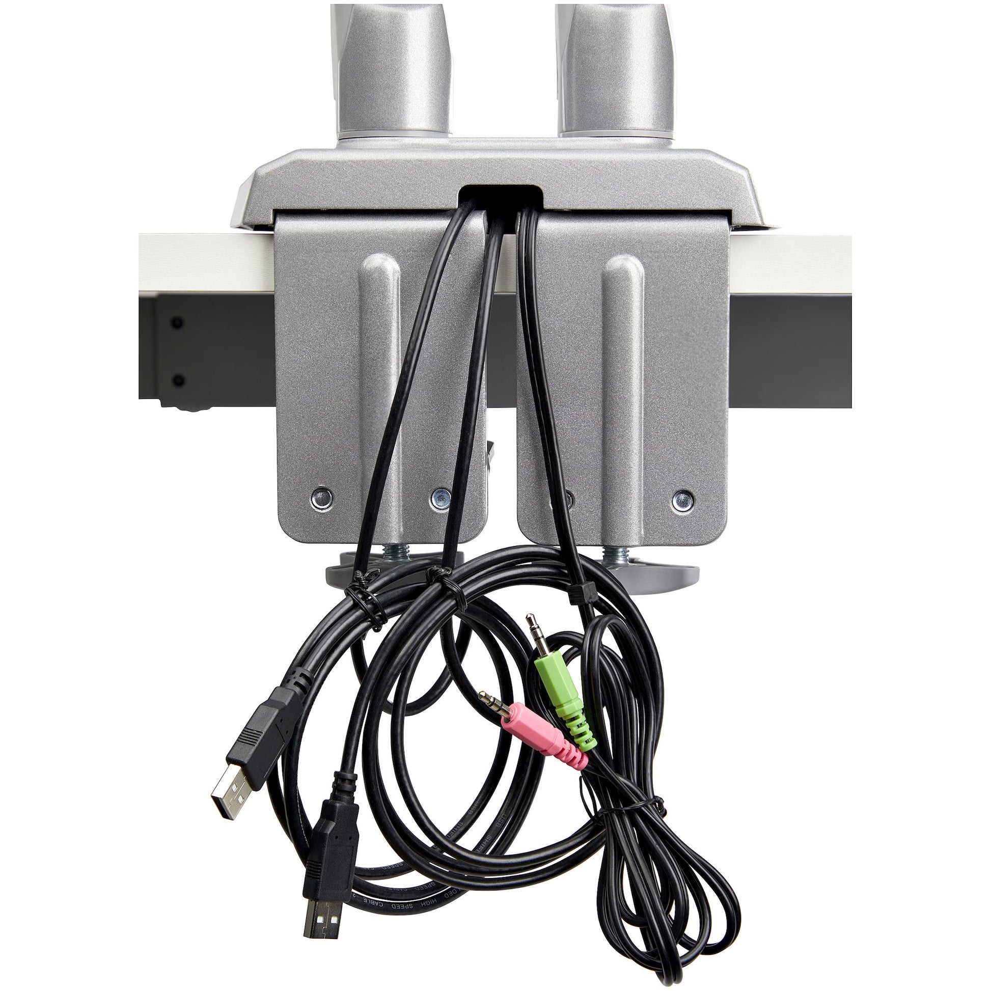 StarTech.com Monitorarm, Dual, Tischklemme, integrierter 2-Port-USB-Hub, 3,5-mm-Audioanschluss